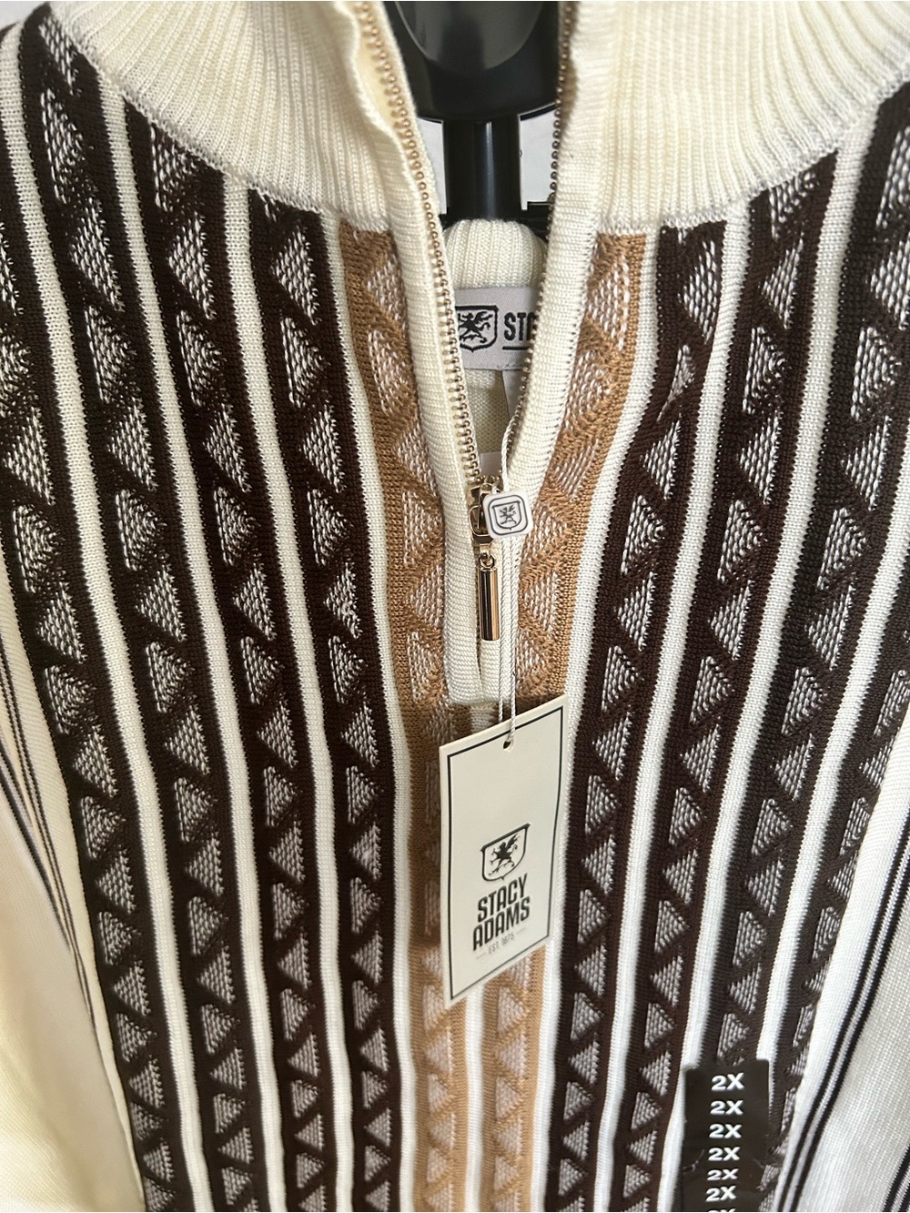 Stacy Adams Cream Zip-Up Sweater with Brown & Tan Vertical Pattern - Picture 3 of 5